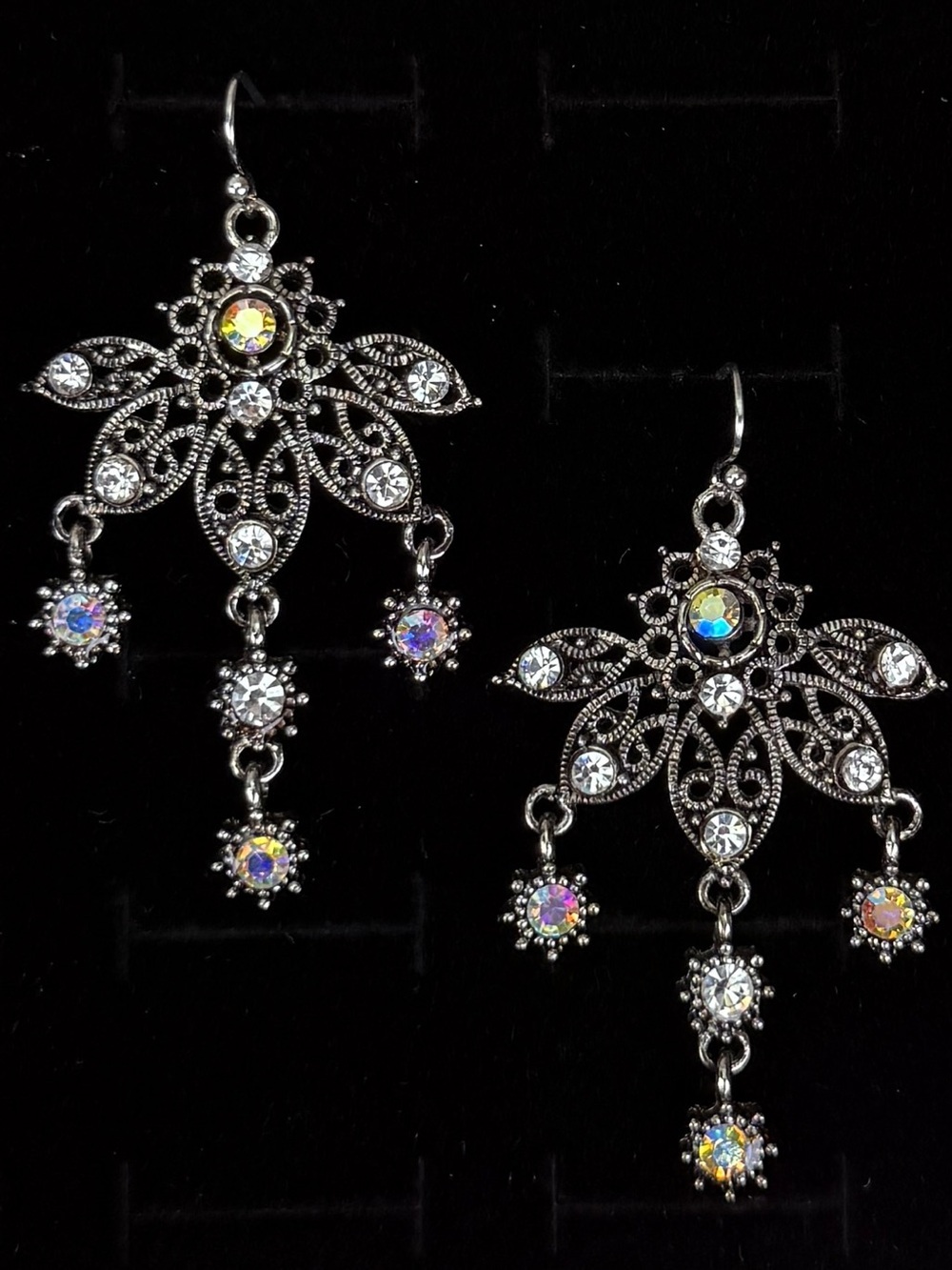 Gorgeous aged Silvertone iridescent stone weighted pierced statement earrings